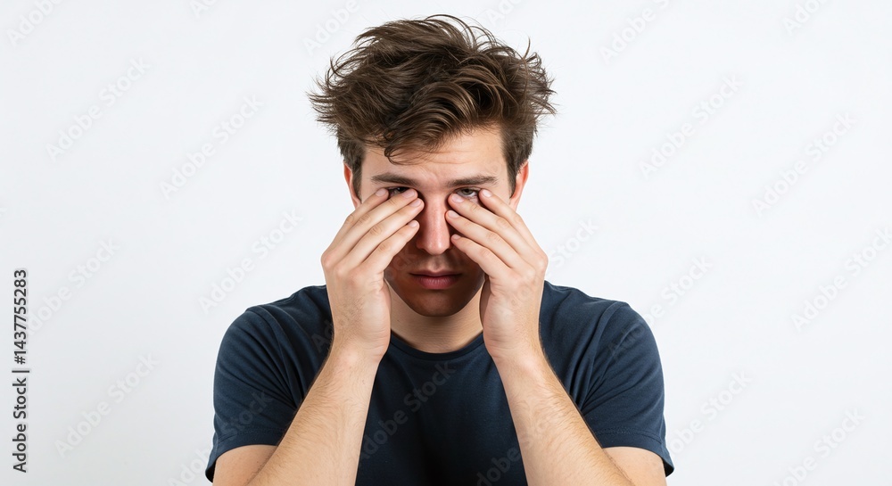 Young boy rubbing his eyes isolated on white background representing sleepiness and tiredness. Generative AI Young boy rubbing his eyes isolated on white background representing sleepiness and tiredness. Generative AI