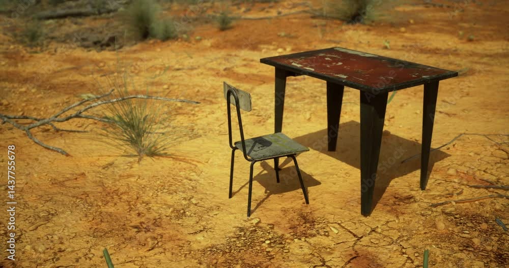 An empty, rusted table and a mismatched chair sit alone on a barren, dusty ground under clear blue skies. The surroundings feature sparse vegetation, emphasizing desolation. An empty, rusted table and a mismatched chair sit alone on a barren, dusty ground under clear blue skies. The surroundings feature sparse vegetation, emphasizing desolation.