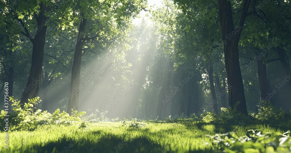 Obraz premium Sunbeams piercing a lush forest