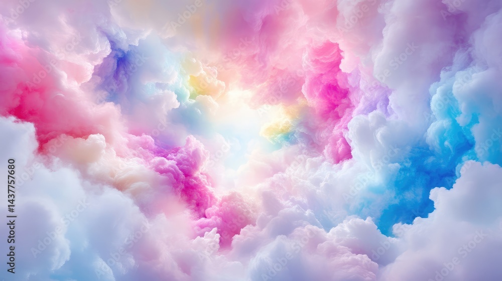 Fototapeta premium A vibrant, dreamlike sky filled with swirling, pastel-colored clouds. A radiant light source is visible within the clouds