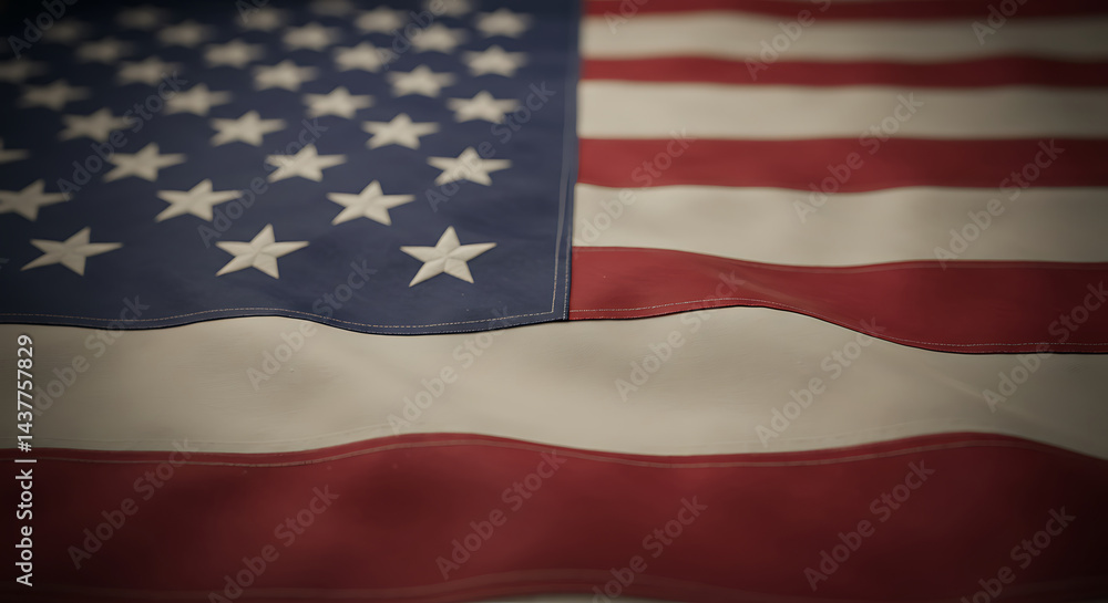 Obraz premium Waving American flag, detailed close-up with textured fabric and blurred red and white stripes, concept for patriotism, national pride and United States of America celebration
