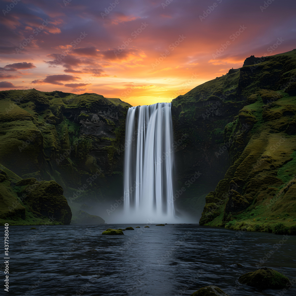 Fototapeta premium A scenic view of skogafoss waterfall in iceland at sunset with colorful sky and lush green hills