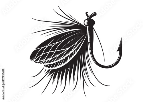 Black silhouette of a fly fishing logo vector, fly fishing lure logo icon silhouette, fly fishing hook silhouette, fly fishing flies silhouette vector design on white background 