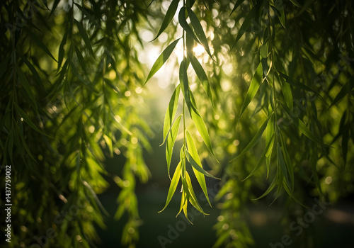 serene backlit willow foliage with sunlight rays shining through delicate hanging branches in spring
