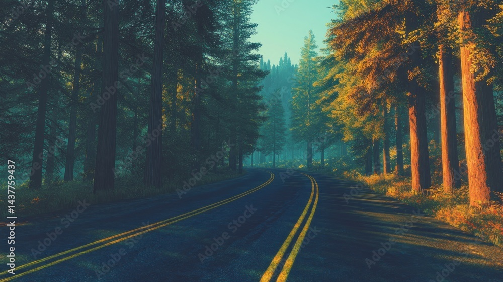 Fototapeta premium Winding Forest Road at Sunrise