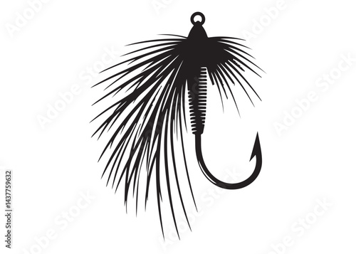 Black silhouette of a fly fishing logo vector, fly fishing lure logo icon silhouette, fly fishing hook silhouette, fly fishing flies silhouette vector design on white background 