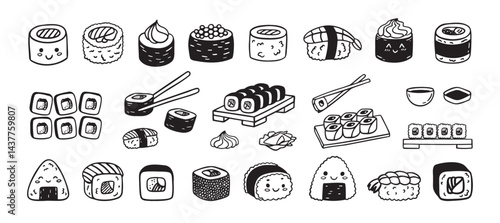 Sushi funny doodle set. Japanese hand drawn Food Sketch Icons. Kawaii drawing