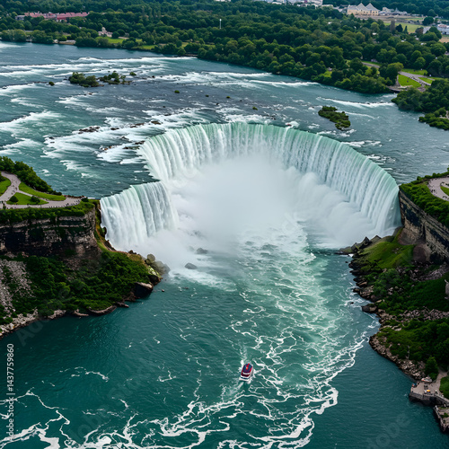 Aerial view of horseshoe falls with boat and lush greenery on the banks in niagara region
