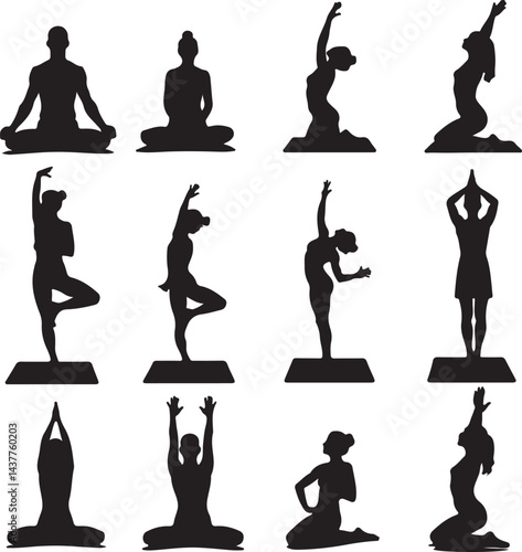 Create a man and women kinds 12 different Yoga vector art silhouette with white background.