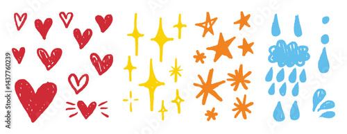 Cute pencil crayon textured hearts, drops, stars set. simple doodle hand drawn emotional icons symbols