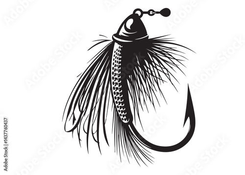 Black silhouette of a fly fishing logo vector, fly fishing lure logo icon silhouette, fly fishing hook silhouette, fly fishing flies silhouette vector design on white background 