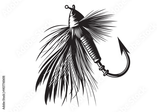Black silhouette of a fly fishing logo vector, fly fishing lure logo icon silhouette, fly fishing hook silhouette, fly fishing flies silhouette vector design on white background 