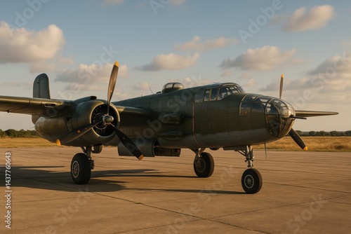 Obraz na płótnie B-25 bomber parked on old airfield under golden afternoon light. AI-generated w salonie
