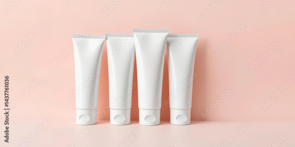 Four sleek white cosmetic tubes aligned on pastel backdrop, premium, jar Four sleek white cosmetic tubes aligned on pastel backdrop, premium, jar