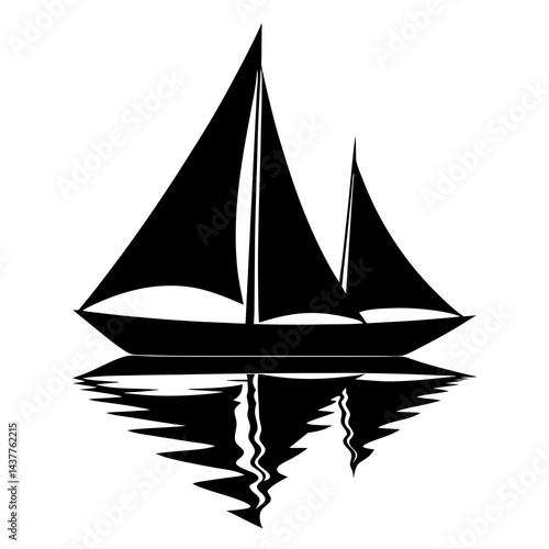 Black and white silhouette illustration of a sailboat sailing on calm water between two dark land masses 