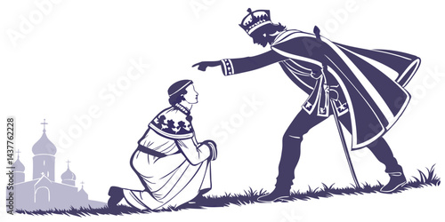 Medieval Knight Honoring Royalty Vector Silhouette with Castle Background Illustration