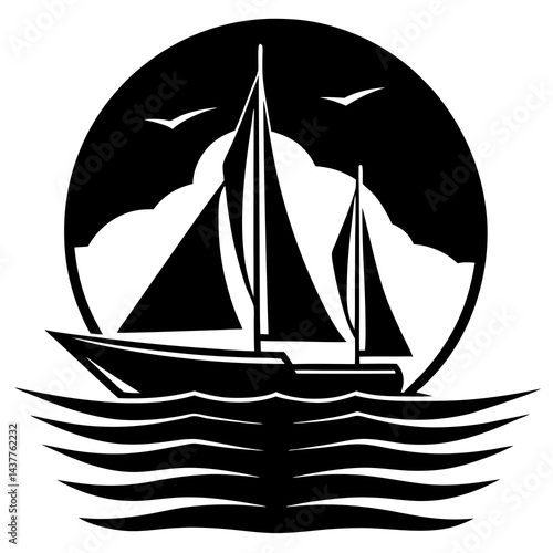 Black and white silhouette illustration of a sailboat sailing on calm water between two dark land masses 