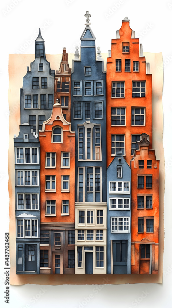 Fototapeta premium Colorful detailed architectural buildings on rough paper windows multi-story