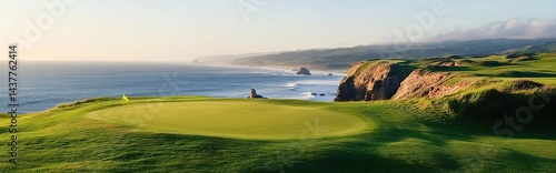 Scenic seaside golf course with lush green fairways, cliffs, and ocean views, a perfect day to tee off.