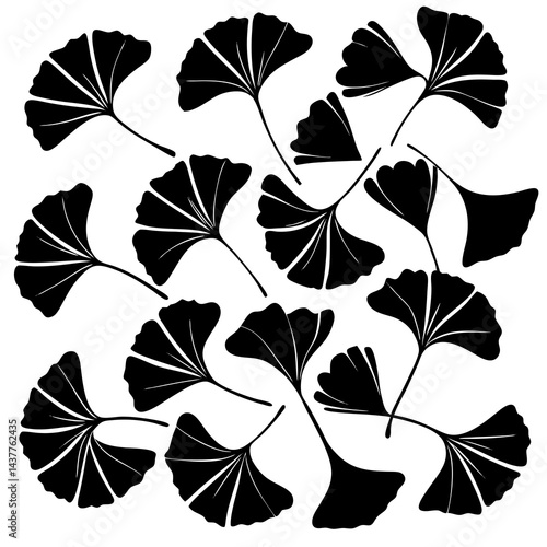 Black silhouette illustration of multiple ginkgo leaves scattered across a white background 