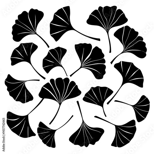 Black silhouette illustration of multiple ginkgo leaves scattered across a white background 