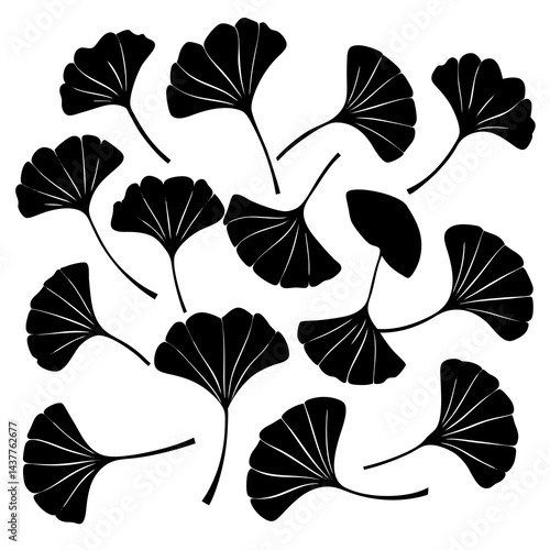 Black silhouette illustration of multiple ginkgo leaves scattered across a white background 