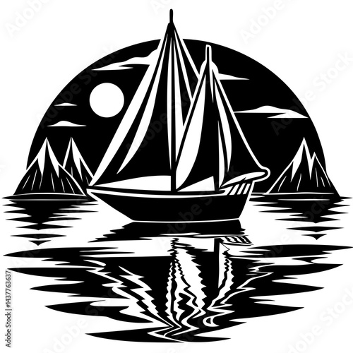 Black and white silhouette illustration of a sailboat sailing on calm water between two dark land masses 