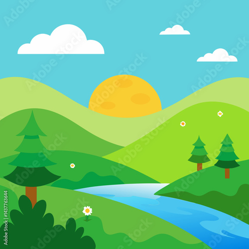 Beautiful nature scene in afternoon flat illustration landscape design background