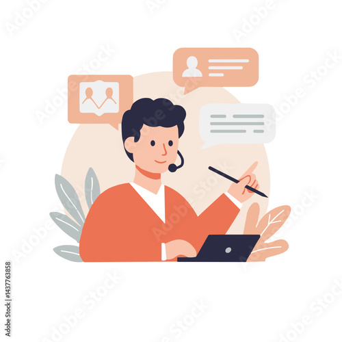Vector icon of a person moderating a chat in a traditional setting illustrated in a flat design style