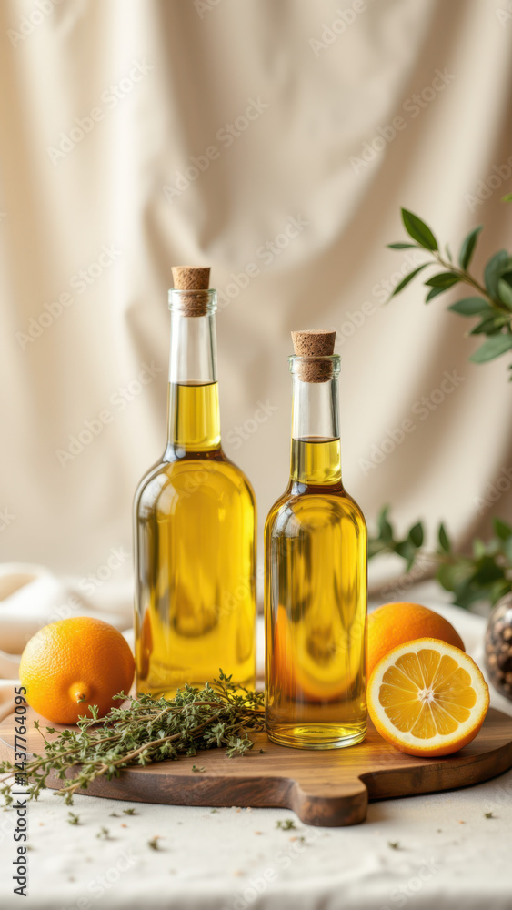 A rustic display featuring olive oil bottles alongside citrus fruits and fresh herbs, symbolizing ingredients of the Mediterranean Diet. A rustic display featuring olive oil bottles alongside citrus fruits and fresh herbs, symbolizing ingredients of the Mediterranean Diet.
