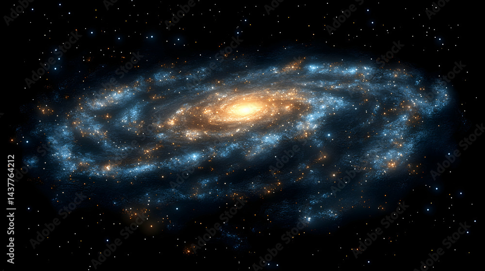 Fototapeta premium Swirling galaxy with blue bands and golden core illuminates with distant stars in a night sky