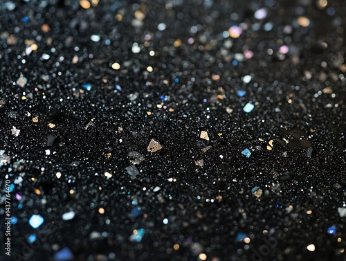 Abstract dark background texture featuring scattered, out-of-focus iridescent glitter particles resembling stars or bokeh lights. 
