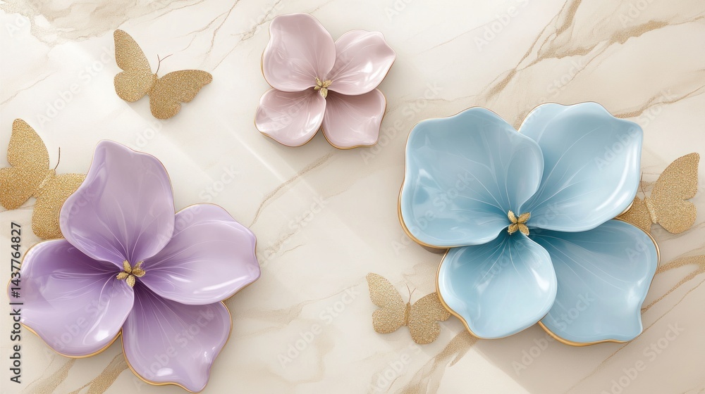 Pastel flowers and butterflies on marble Pastel flowers and butterflies on marble