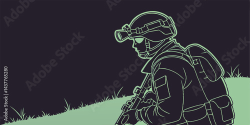 Military Soldier Vector Silhouette with Tactical Gear and Night Vision Helmet in Combat Position on Grass