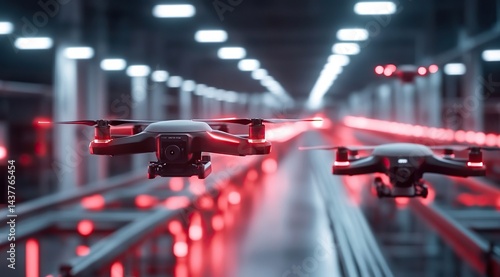 Wallpaper Mural Drones flying through a tunnel with red lights. Futuristic look and innovative technology are showcased. Torontodigital.ca