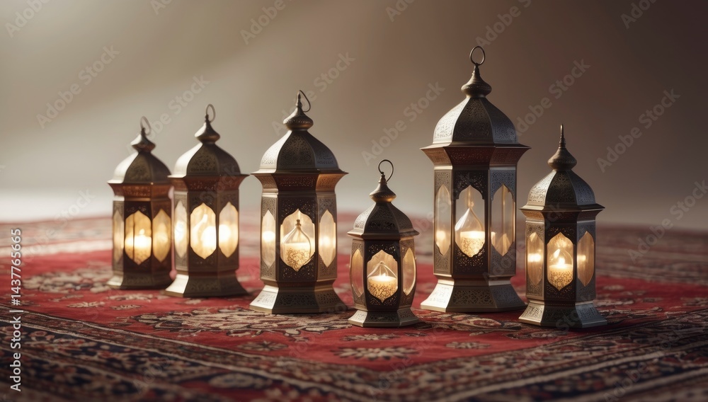 Obraz premium Ornate metal lanterns with glowing candles arranged on an intricately patterned red rug, creating a