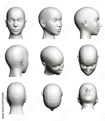 The image is a series of different head shots of a woman. The faces are all drawn in a very stylized and abstract way, with the heads appearing to be cut off at the top
