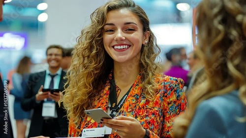Smiling woman at a conference engaging with attendees