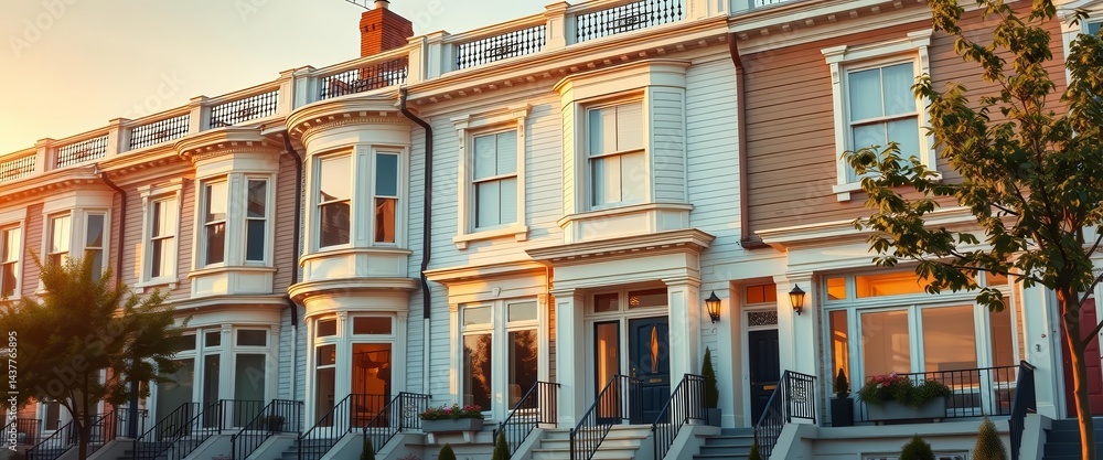 Naklejka premium Golden hour illuminates sleek townhouse facades, clean lines, architectural detail, luxury, elegance