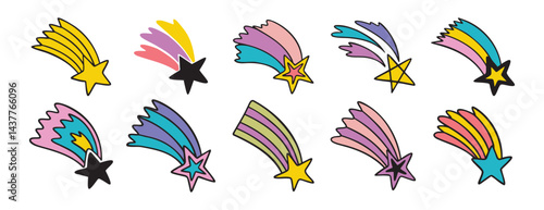 falling stars hand drawn cartoon doodle isolated on white background cartoon set. Making a wish line clipart symbol