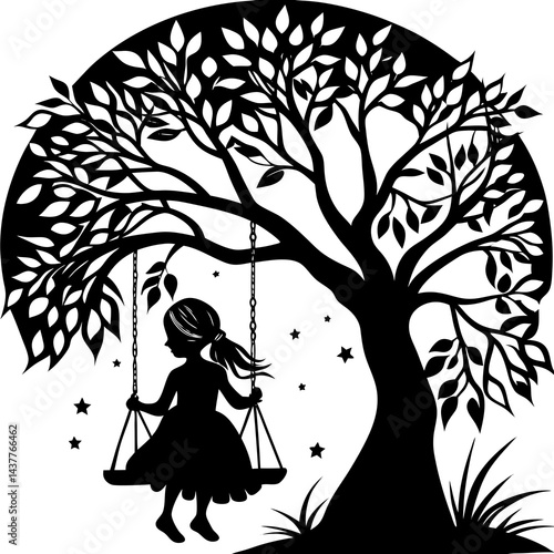 A girl sits on a swing under a tree of a silhouette black shape vector