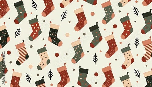 Repeating Christmas stockings pattern [whimsical and retro] [in red, green, beige, and grey] [for holiday backgrounds or wrapping]