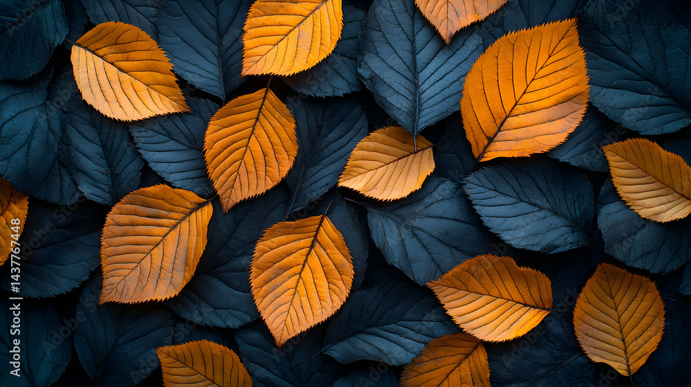 Fototapeta premium Dark blue and orange autumn leaves arranged artfully Intricate leaf veins visible