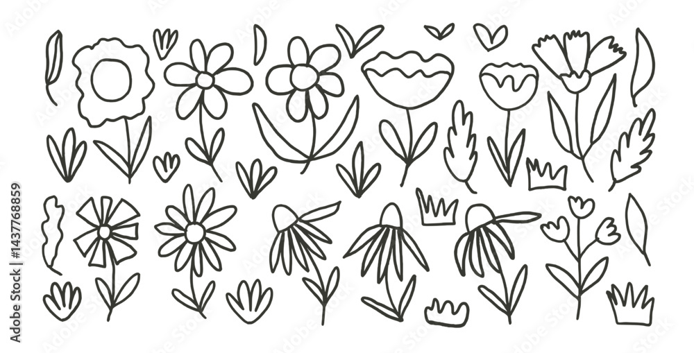 Flowers outline charcoal drawn set. Naive floral doodle isolated on white background. Daisy, grass, leaves black sketch hand drawn elements. Vector childish style scribble illustration by pencil. Flowers outline charcoal drawn set. Naive floral doodle isolated on white background. Daisy, grass, leaves black sketch hand drawn elements. Vector childish style scribble illustration by pencil.