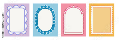 Geometric retro scallop frames set. Wavy groovy arch, rectangle and oval borders isolated on white background. Poster with multi colors wobbly decorative elements. Vector blank text box illustration.
