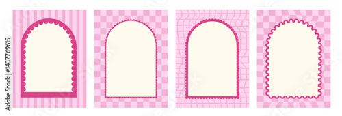 Arch scallop pink frames set. Wavy edges geometric doodle templates. Wave arc borders background. Poster invitation blank with door portal elements and wobbly checkered bg. Vector illustration.