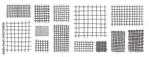 Doodle hand drawn grids for notes. Square grid and striped pattern. Geometric plaid pattern with pencil lines and strokes.