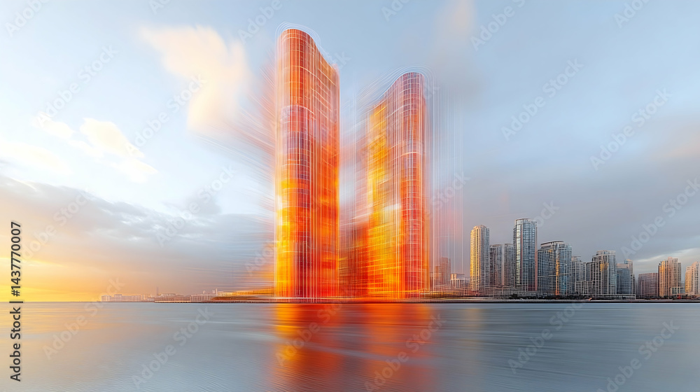 Obraz premium Sunset cityscape with two prominent tall buildings reflecting in calm water Other buildings line the shore