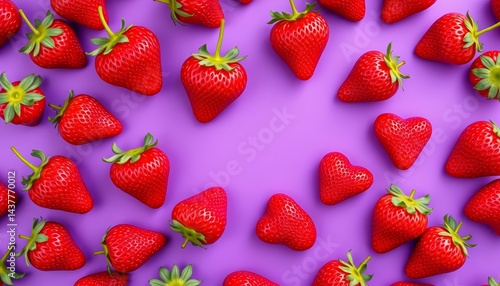 Heart-shaped strawberry pattern, fresh red strawberries on purple background, red, isolated
