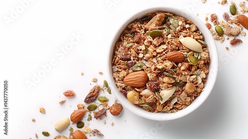 Bowl of Granola with Nuts and Seeds on White Background Isolated